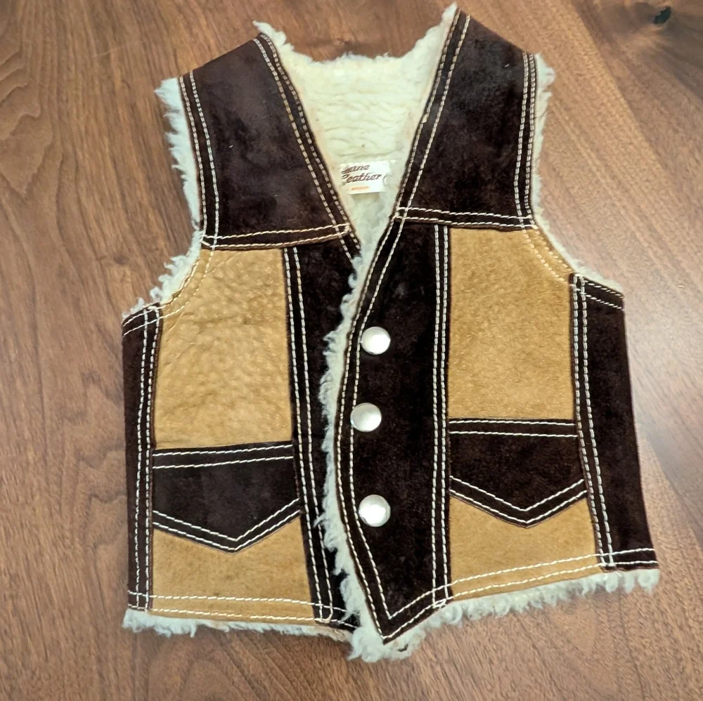 Vintage Kids Leather Patchwork Contrast Sheerling Brown and Tan‎ Western Vest